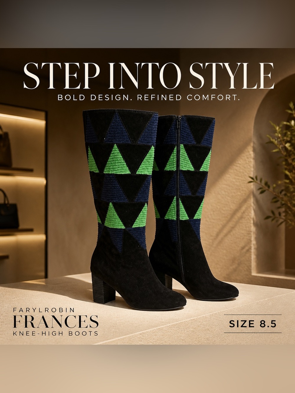 Farylrobin Frances suede corduroy geometric chunky heel Knee High boots sz 8.5
